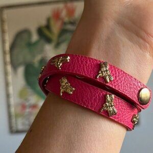 🧡3/15 Red Faux Leather Double Wrap Adjustable Bracelet with Gold Dragonflies